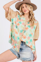 Button Down Bubble Sleeves Shirt Light Green OutfitFlow