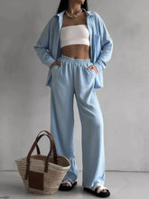 Button Up Long Sleeve Shirt and Pants Set Light Blue OutfitFlow