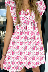 Multicolour Bow Lattice Floral Print V Neck Knot Decor Mini Dress Floral OutfitFlow