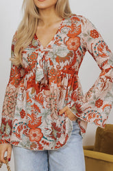 Floral V-Neck Flare Sleeve Blouse Floral OutfitFlow