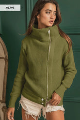 BiBi Front Zip Up High Neckline Sweater Jacket OLIVE OutfitFlow