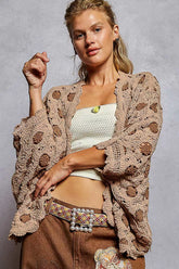 POL Openwork V-Neck Chenille Cardigan with Contrast Floral LATTE MOCHA One Size OutfitFlow