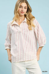 Umgee Striped Collared Neck Blouse BLUSH OutfitFlow