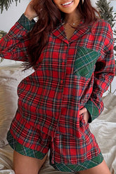 Plaid Contrast Patched Christmas Holiday Long Sleeve Shirt and Short 2pcs Pajama Set Deep Red OutfitFlow