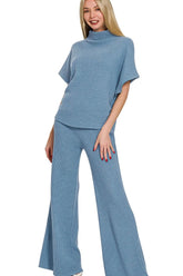 Zenana Sweater Mock Neck Top & Long Pants Set DUSTY BLUE OutfitFlow