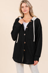 BOMBOM Textured Button Down Drawstring Hooded Shacket Black OutfitFlow
