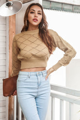 Openwork Plaid Round Neck Cropped Sweater Camel OutfitFlow