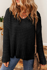 Openwork Round Neck Long Sleeve Sweater Black OutfitFlow