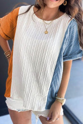 Textured Color Block T Shirt White OutfitFlow