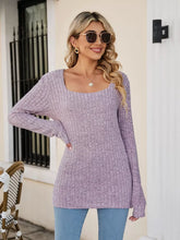 Ribbed Square Neck Long Sleeve T-Shirt Lilac OutfitFlow