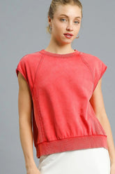 Umgee Round Neck Cap Sleeve Sweatshirt Red OutfitFlow