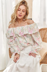 ADORA Ruffled Off Shoulder Floral Blouse PINK OutfitFlow