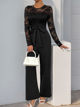 Perfee Lace Round Neck Long Sleeve Jumpsuit Black OutfitFlow