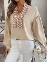 Perfee Printed Notched Long Sleeve Blouse Tan OutfitFlow