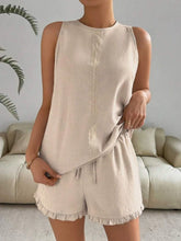 Lace Detail Round Neck Tank and Shorts Set Tan OutfitFlow