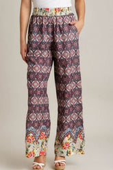 Umgee Full Size Mixed Print Elastic Waistband Pants Plus Size MAROON MIX OutfitFlow