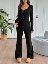 Tie Front Long Sleeve Flare Jumpsuit Black OutfitFlow