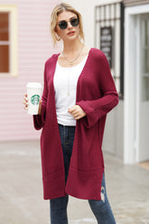 Open Front Long Sleeve Cardigan Burgundy OutfitFlow