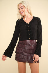 VERY J V-Neck Lace Detail Button Down Crop Ribbed Knit Top Black OutfitFlow