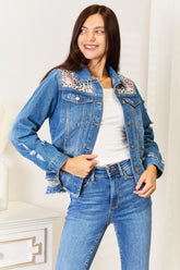 Baeful Leopard Floral Distressed Raw Hem Denim Jacket Leopard OutfitFlow