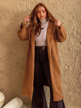 Plus Size Tied Long Sleeve Hooded Coat with Pockets Caramel OutfitFlow
