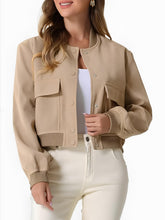 Pocketed Snap Down Baseball Collar Jacket Tan OutfitFlow