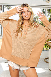 BiBi Thumb Opening Long Sleeve Top with Kangaroo Pocket Taupe OutfitFlow