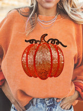 Halloween Sequined Pumpkin Ribbed Round Neck Sweatshirt Tangerine OutfitFlow