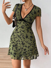 Printed V-Neck Short Sleeve Mini Dress Moss OutfitFlow
