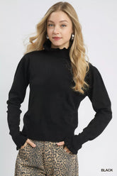 Umgee Ruffle Mock Neck Puff Sleeve Sweater Black OutfitFlow