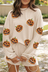 Sequin Pumpkin Round Neck Top and Shorts Set Tan OutfitFlow