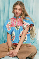 Umgee Floral Notched Puff Sleeve Blouse Sky Blue OutfitFlow