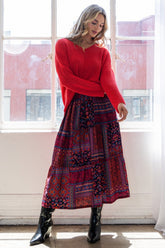 ODDI Full Size Printed Tiered Maxi Skirt Red OutfitFlow