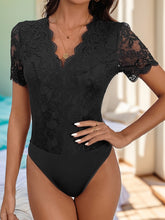 Perfee V-Neck Short Sleeve Lace Bodysuit Black OutfitFlow