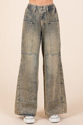 Mittoshop Washed Wide Leg Jeans with Pockets Mud Denim OutfitFlow
