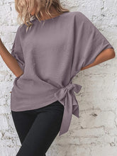 Knotted Round Neck Half Sleeve Blouse Lilac OutfitFlow