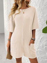 Backless Textured Round Neck Half Sleeve Romper Tan OutfitFlow