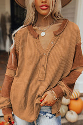 Contrast Patched Exposed Seam Waffle Knit Henley Top Caramel OutfitFlow
