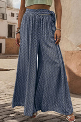 Perfee Printed Tied Wide Leg Pants Dark Blue OutfitFlow