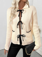 Tie Front Long Sleeve Cardigan Apricot OutfitFlow