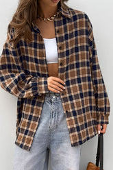 Plaid Button Up Drop Shoulder Shacket Brown OutfitFlow