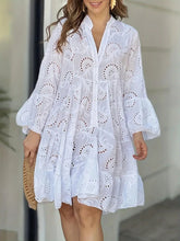 Ruffle Hem Eyelet Notched Long Sleeve Dress White OutfitFlow