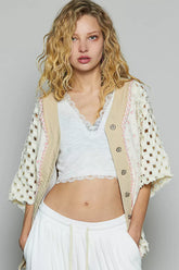 POL Button Down V-Neck Jacket with Printed Woven Patchwork CREAM MULTI OutfitFlow