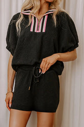 Casual Quilted Pattern Top and Skirt Two-Piece Set Black OutfitFlow