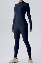 Half Zip Mock Neck Active Jumpsuit Dark Blue OutfitFlow
