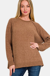 Zenana Side Slit Raglan Sleeve Sweater Deep Camel OutfitFlow