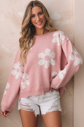 Pearl Trim Flower Round Neck Sweater Blush Pink OutfitFlow