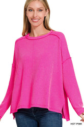 Zenana Exposed Seam Long Sleeve Corded Rib Knit Top HOT PINK OutfitFlow