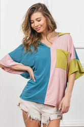 BiBi Slinky Knit Color Block V Neck Front Top N.GREEN FUCHSIA TURQ OutfitFlow