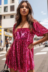 Sequin Square Neck Balloon Sleeve Romper Hot Pink OutfitFlow